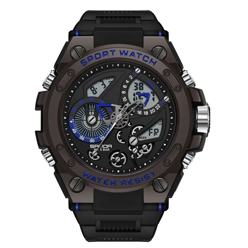 SANDA 9020 Luminous Watch Multifunction Analog Digital Dual Time Display Wrist Watch - Black Blue