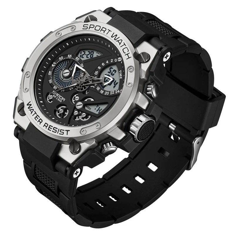 SANDA 9020 Luminous Watch Multifunction Analog Digital Dual Time Display Wrist Watch - Black Silver