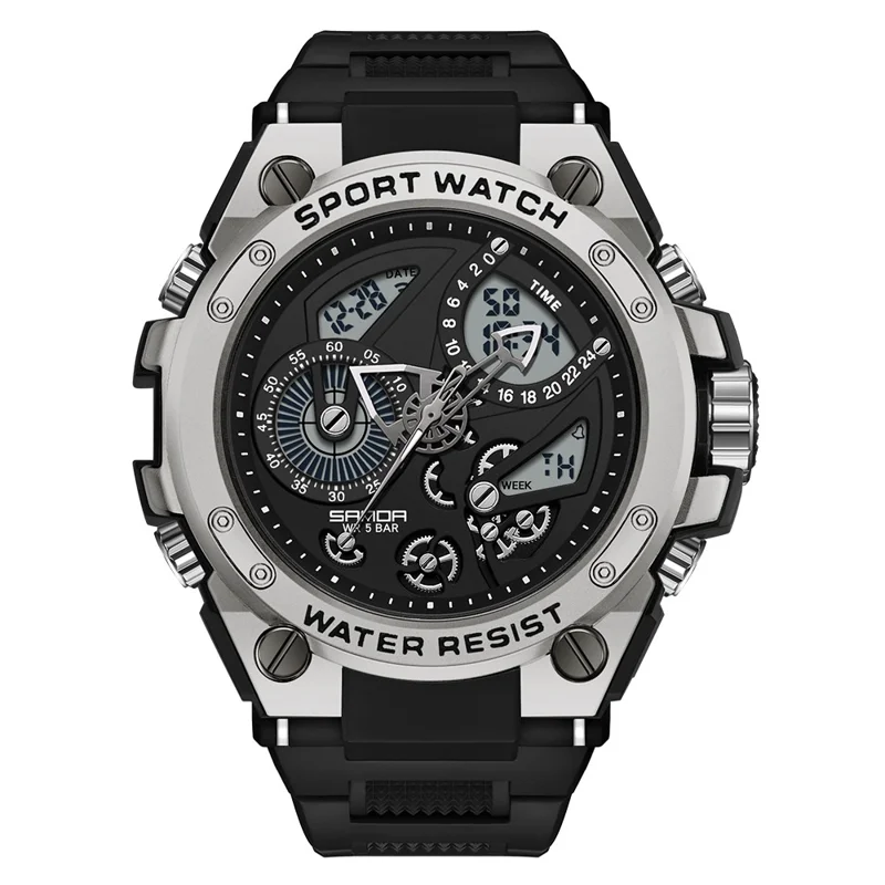 SANDA 9020 Luminous Watch Multifunction Analog Digital Dual Time Display Wrist Watch - Black Silver