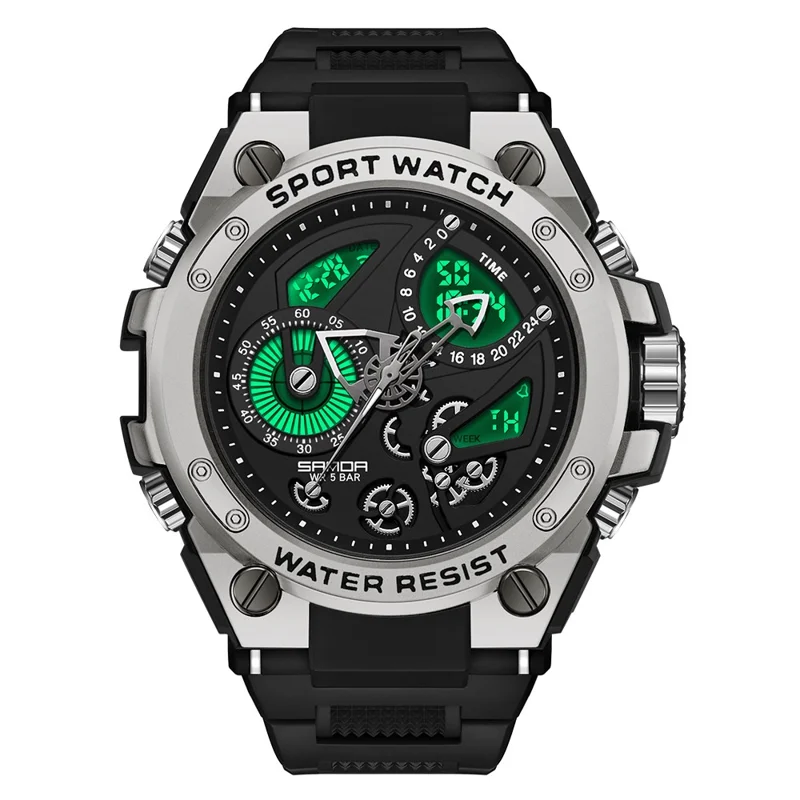 SANDA 9020 Luminous Watch Multifunction Analog Digital Dual Time Display Wrist Watch - Black Silver