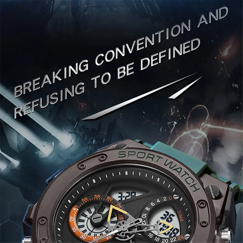 SANDA 9020 Luminous Watch Multifunction Analog Digital Dual Time Display Wrist Watch - Black Silver