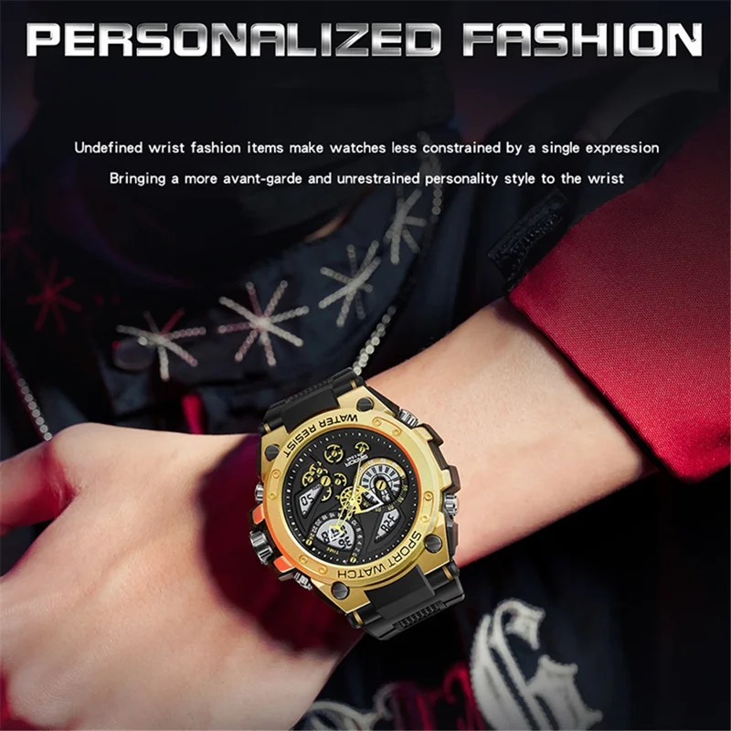 SANDA 9020 Luminous Watch Multifunction Analog Digital Dual Time Display Wrist Watch - Black Silver