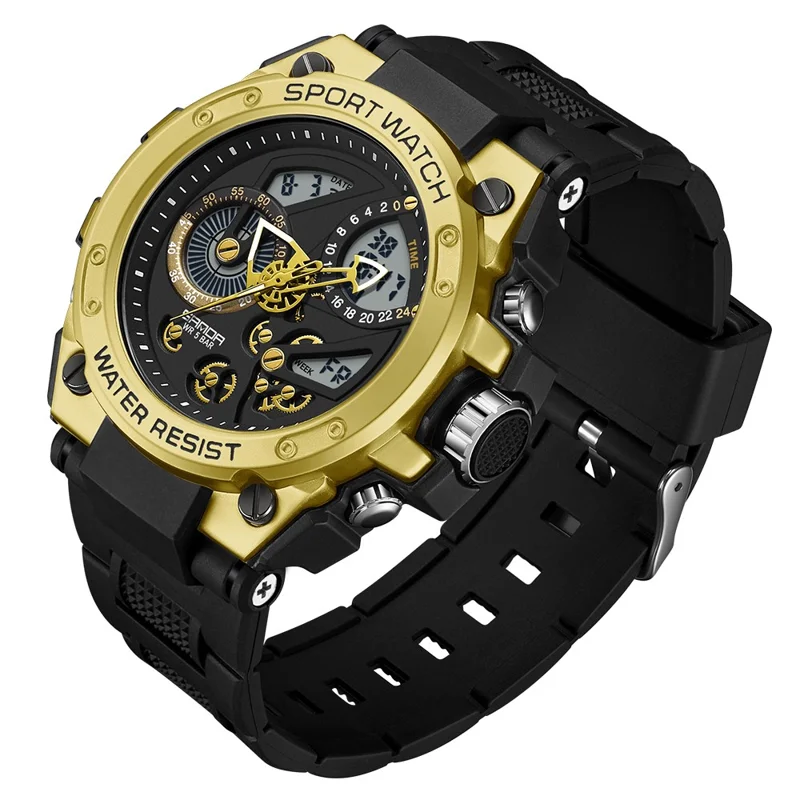SANDA 9020 Luminous Watch Multifunction Analog Digital Dual Time Display Wrist Watch - Black Gold