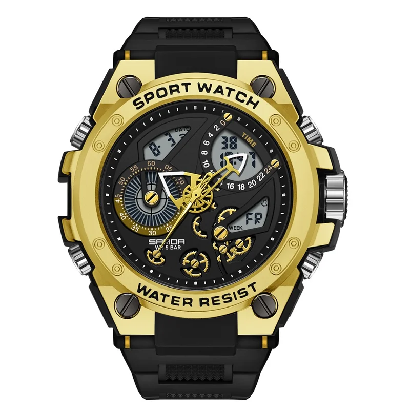 SANDA 9020 Luminous Watch Multifunction Analog Digital Dual Time Display Wrist Watch - Black Gold