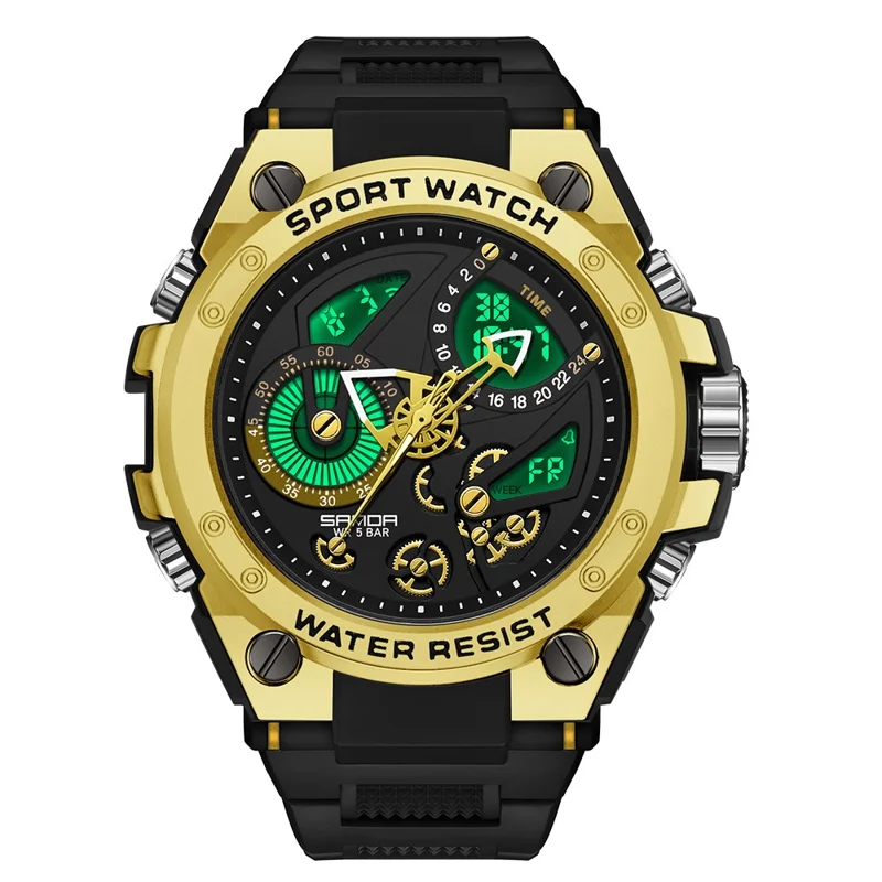 SANDA 9020 Luminous Watch Multifunction Analog Digital Dual Time Display Wrist Watch - Black Gold