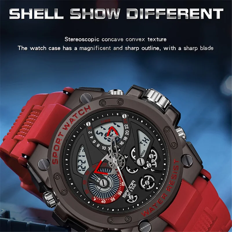 SANDA 9020 Luminous Watch Multifunction Analog Digital Dual Time Display Wrist Watch - Black Gold