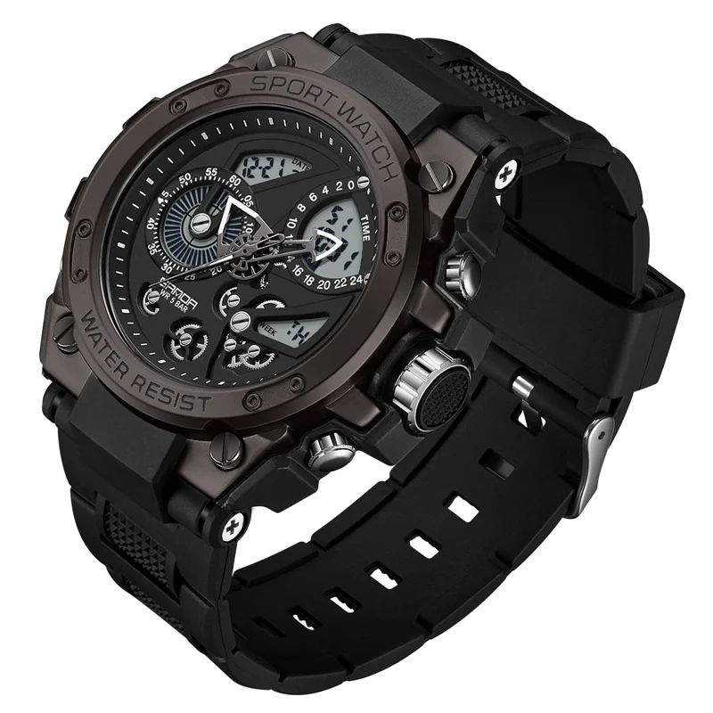 SANDA 9020 Luminous Watch Multifunction Analog Digital Dual Time Display Wrist Watch - Black White
