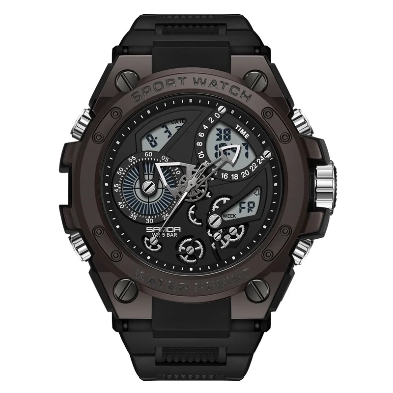 SANDA 9020 Luminous Watch Multifunction Analog Digital Dual Time Display Wrist Watch - Black White