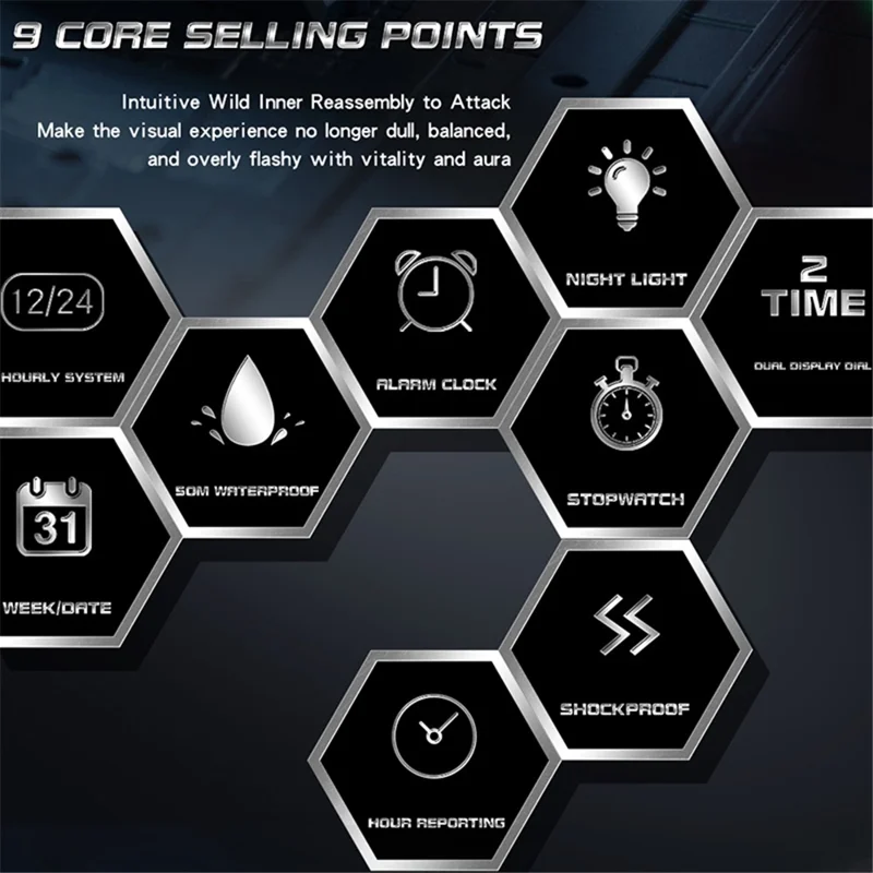 SANDA 9020 Luminous Watch Multifunction Analog Digital Dual Time Display Wrist Watch - Black White