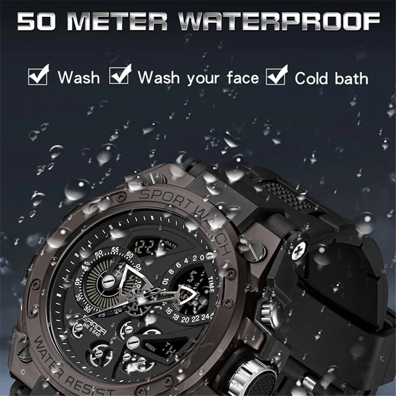 SANDA 9020 Luminous Watch Multifunction Analog Digital Dual Time Display Wrist Watch - Black White