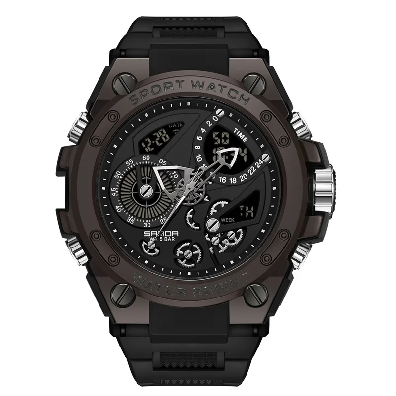 SANDA 9020 Luminous Watch Multifunction Analog Digital Dual Time Display Wrist Watch - All Black
