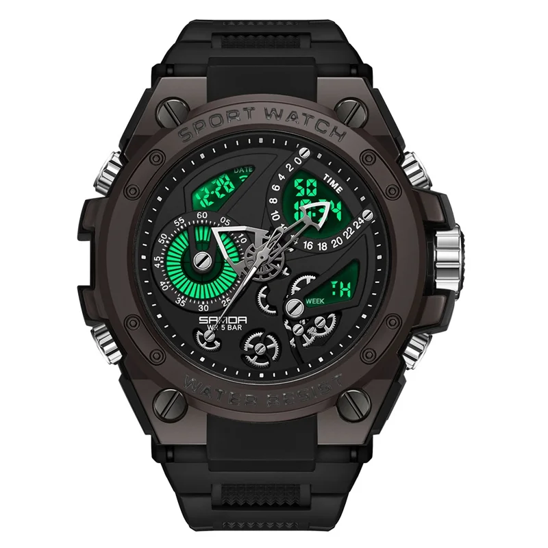SANDA 9020 Luminous Watch Multifunction Analog Digital Dual Time Display Wrist Watch - All Black