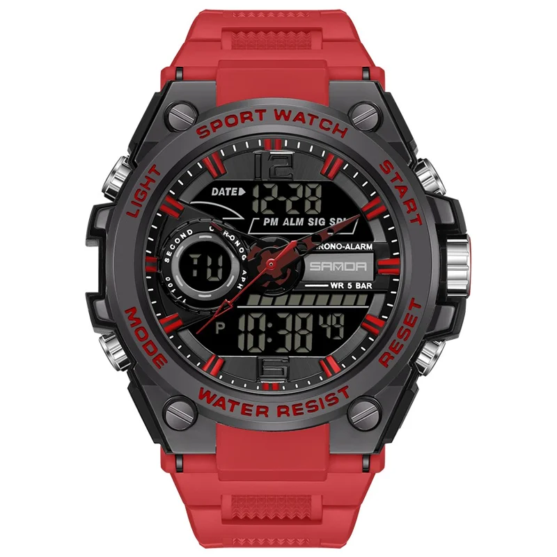 SANDA 9010 Casual Luminous Wrist Watch Analog Digital Sports Electronic Watch - Red
