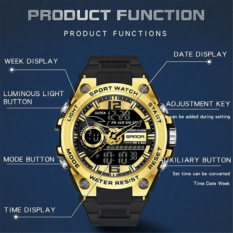 SANDA 9010 Casual Luminous Wrist Watch Analog Digital Sports Electronic Watch - Red