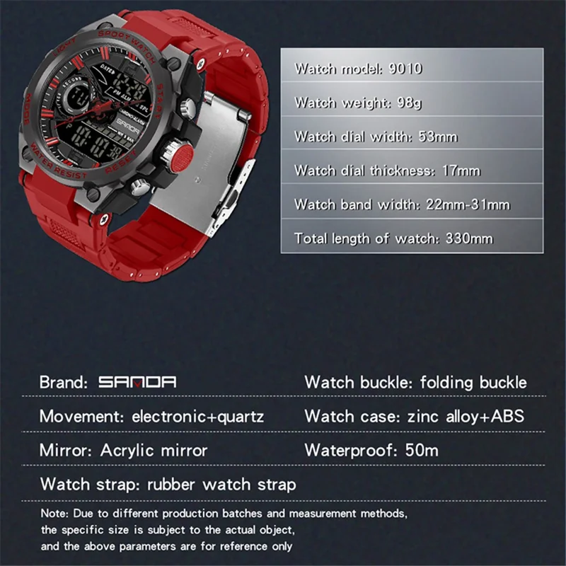SANDA 9010 Casual Luminous Wrist Watch Analog Digital Sports Electronic Watch - Red