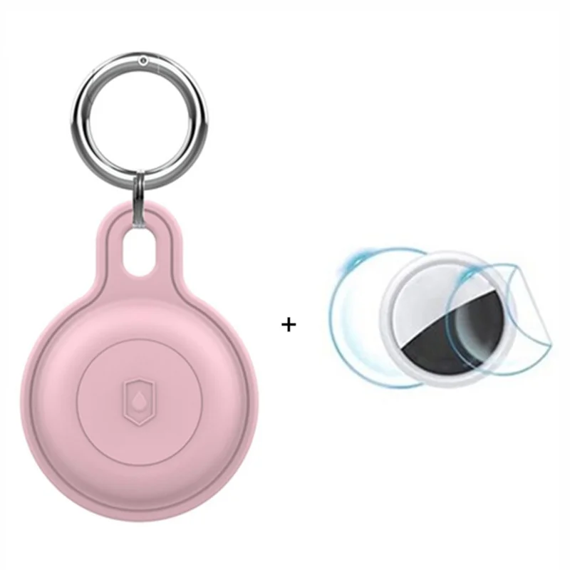 Silicone Case for Apple AirTag Bluetooth-compatible Tracker Keychain Holder Sleeve Waterproof Cover, with Front Back Film Set, with Buckle - Pink