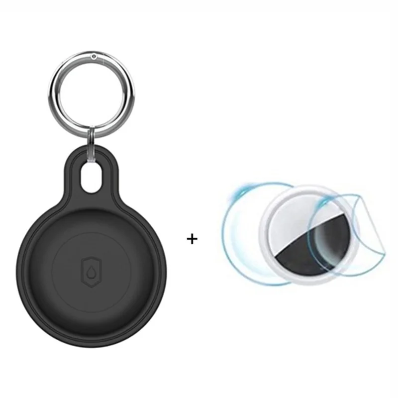 Silicone Case for Apple AirTag Bluetooth-compatible Tracker Keychain Holder Sleeve Waterproof Cover, with Front Back Film Set, with Buckle - Black