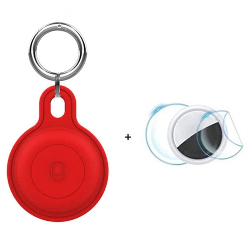 Silicone Case for Apple AirTag Bluetooth-compatible Tracker Keychain Holder Sleeve Waterproof Cover, with Front Back Film Set, with Buckle - Red
