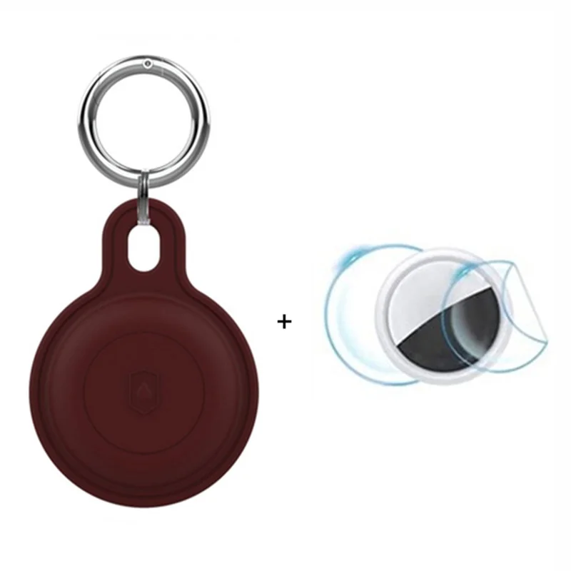Silicone Case for Apple AirTag Bluetooth-compatible Tracker Keychain Holder Sleeve Waterproof Cover, with Front Back Film Set, with Buckle - Wine Red