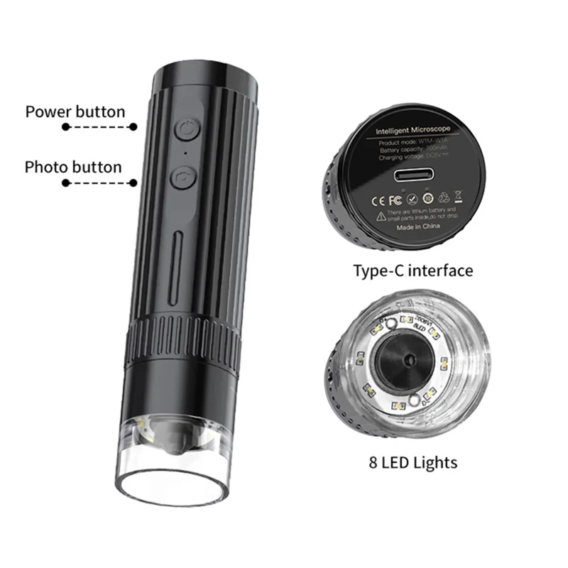 WTM-W1-A Digital Microscope 50X-1000X 2MP 1080P WiFi USB Microscope Camera Magnifier with 8 LED Lights - Blue