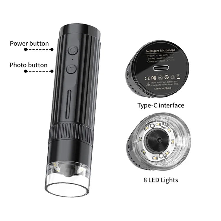 Microscope numérique WTM-W1-A 50X-1000X 2MP 1080P WiFi USB, caméra de microscope, loupe avec 8 LED blanches