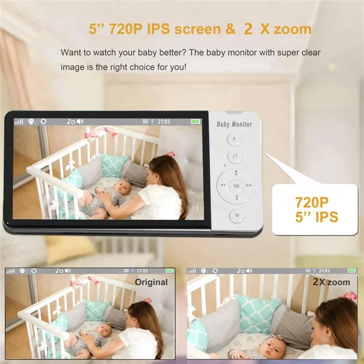 ABM700 5-inch Baby Monitor 1080P Camera Monitor Transmitter + Receiver Set Support Two-Way Voice - UK Plug