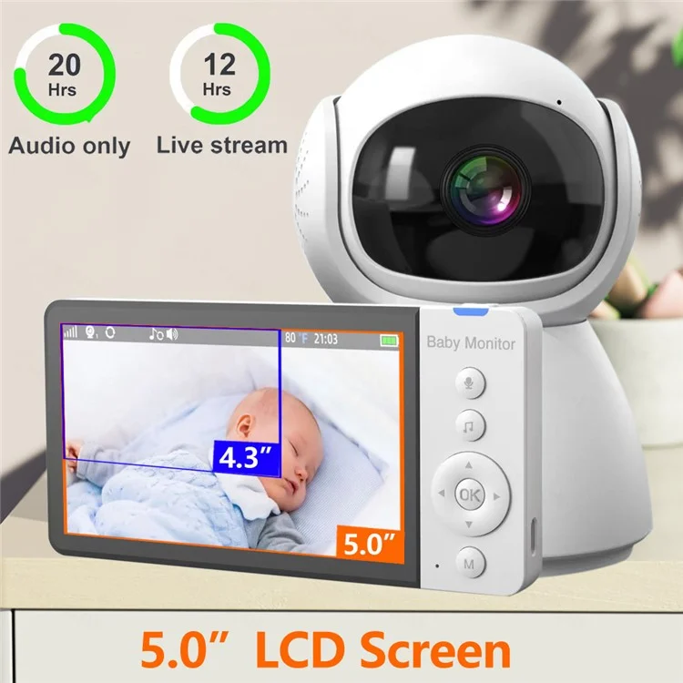 ABM700 5-inch Baby Monitor 1080P Camera Monitor Transmitter + Receiver Set Support Two-Way Voice - UK Plug