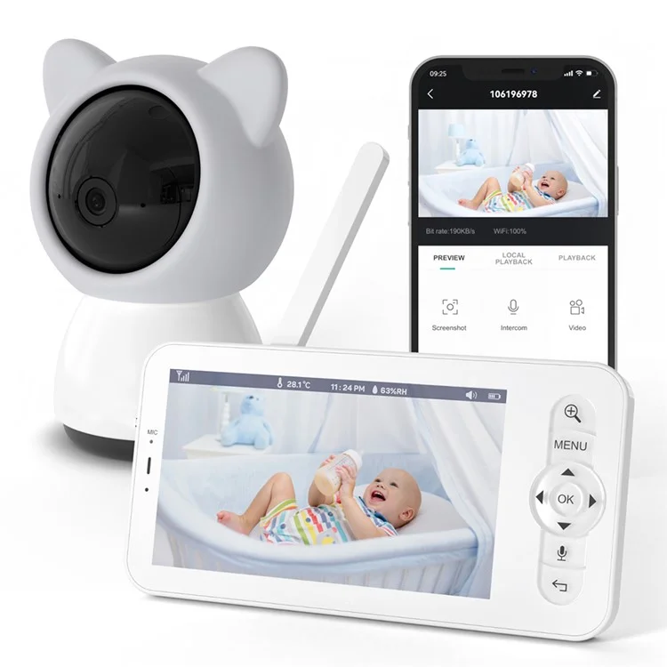 BABY5 Monitor para bebê de 5 polegadas com câmera de voz bidirecional, monitoramento remoto via aplicativo - Cinza / Plugue EUA