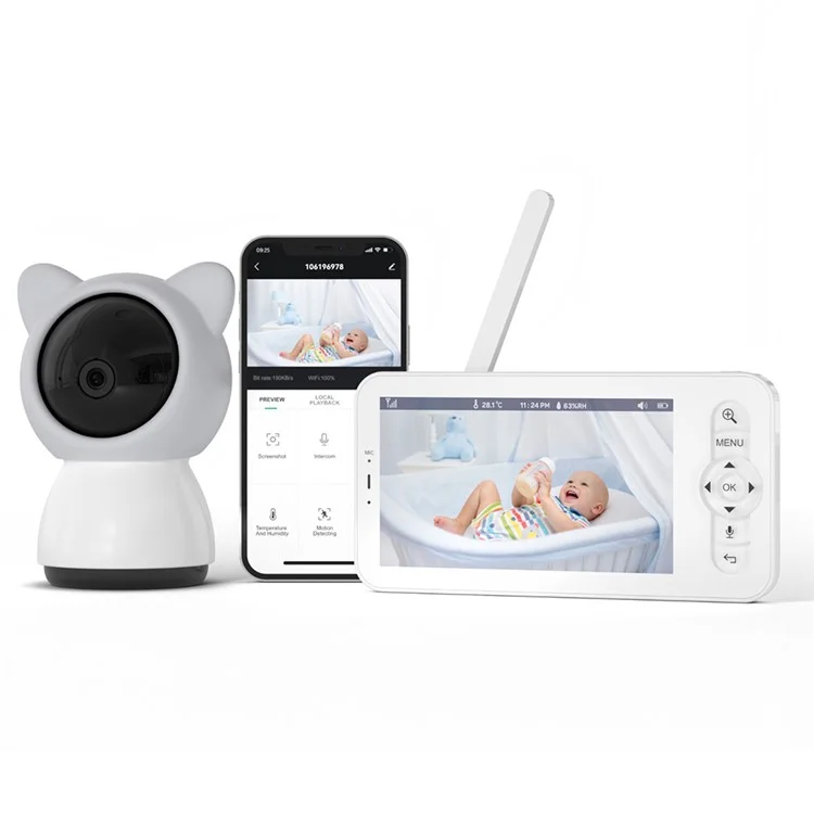 BABY5 Monitor para bebê de 5 polegadas com câmera de voz bidirecional, monitoramento remoto via aplicativo - Cinza / Plugue EUA