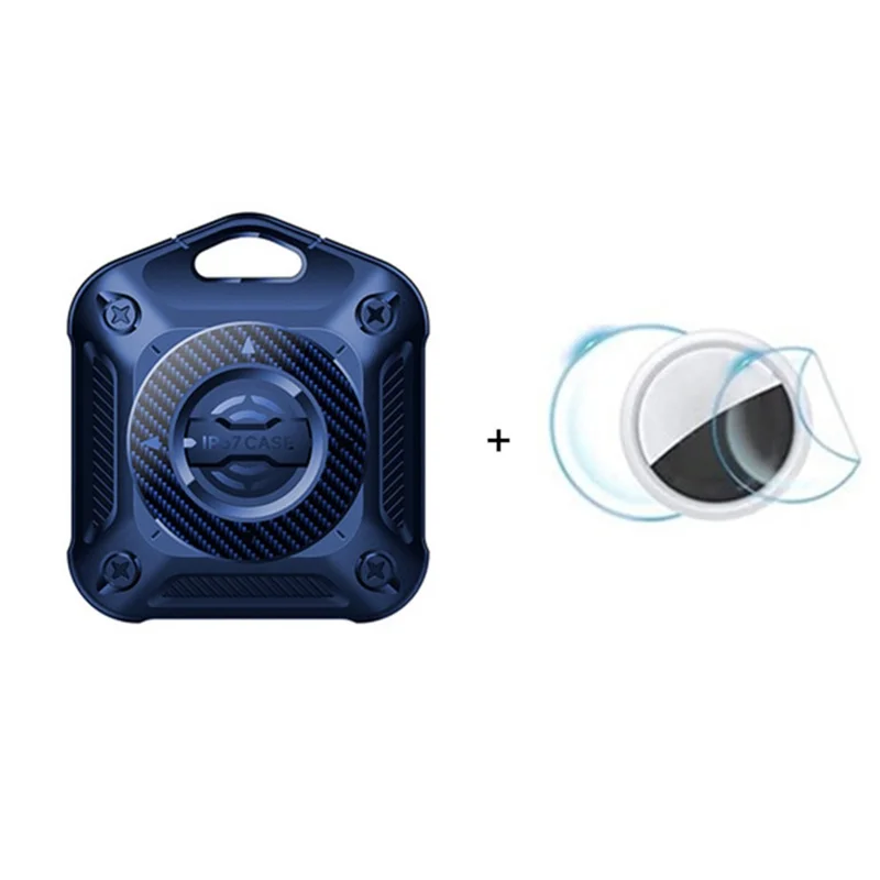 IP67 Waterproof TPU + PC Case for AirTag Bluetooth-compatible Tracker Anti-Scratch Locator Cover, with Front Back Film Set - Dark Blue