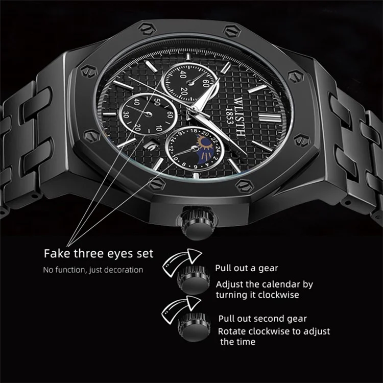 WLISTH 6149 Legierung Band Geschäft Quarz Uhr Leuchtende Armbanduhr mit Kalender - Schwarz / Herren