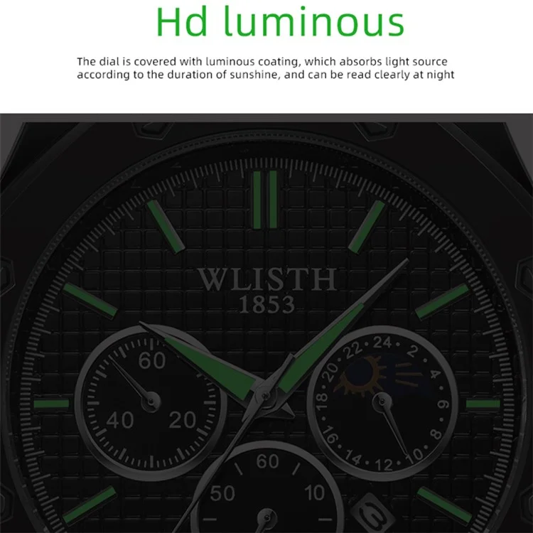 WLISTH 6149 Сплав Сплавой Business Business Quartz Watch Luminous Forist Watch с Календарем - Черный / Мужчины