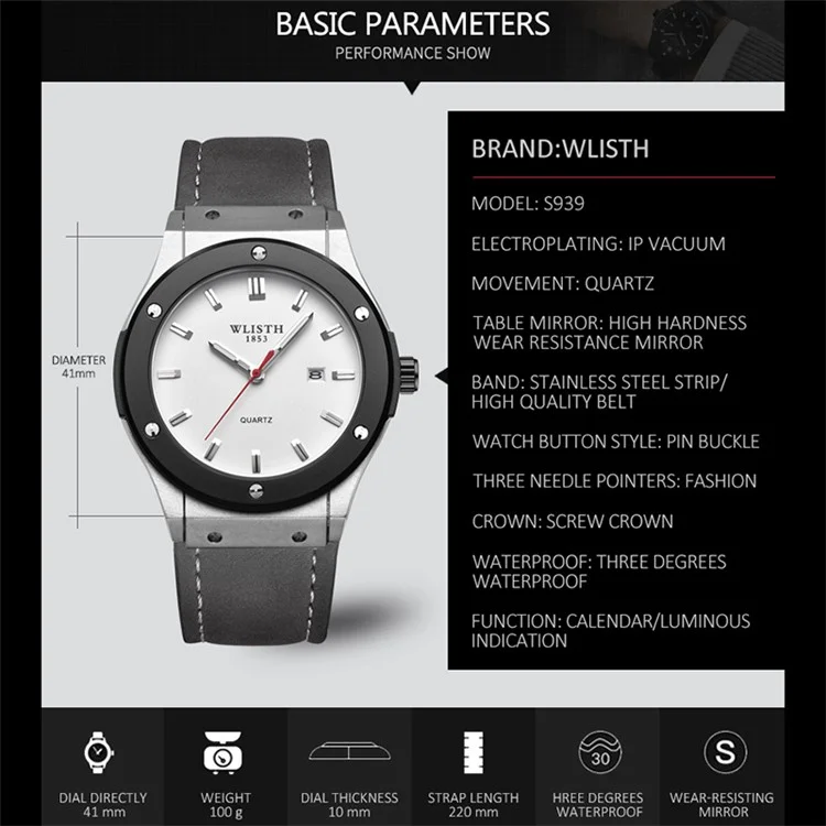 WLISTH S939 Sports Quartz Uhr Leuchtende Tägliche Wasserdichte Armbanduhr mit Kalenderanzeige - Schwarzes Stahlarmband