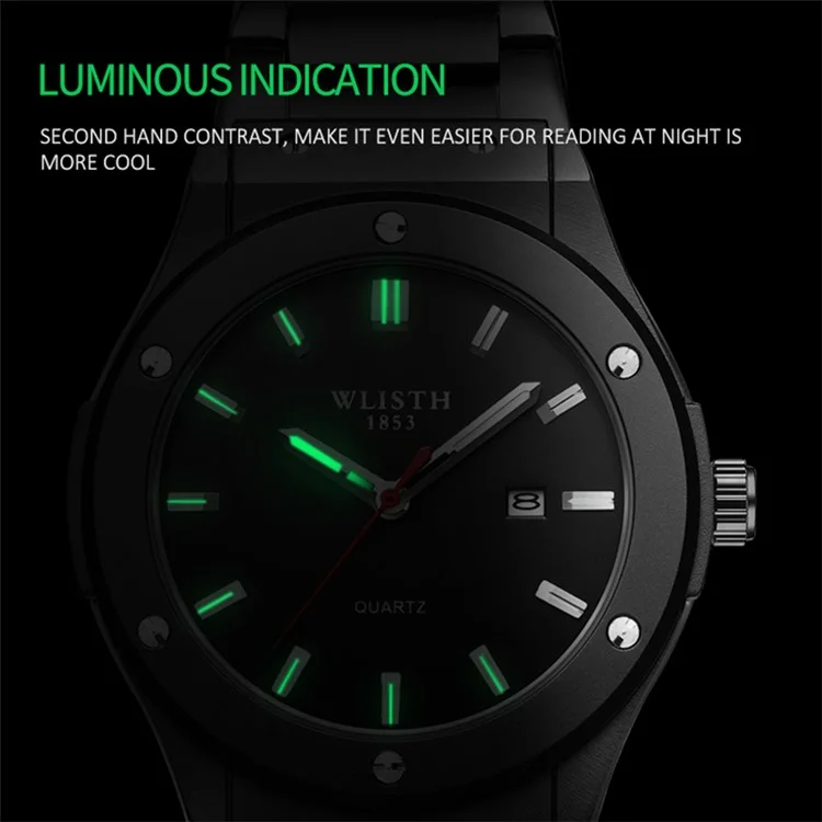 WLISTH S939 Sports Quartz Uhr Leuchtende Tägliche Wasserdichte Armbanduhr mit Kalenderanzeige - Schwarzes Stahlarmband