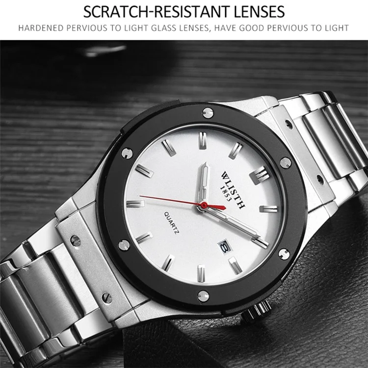 WLISTH S939 Sports Quartz Uhr Leuchtende Tägliche Wasserdichte Armbanduhr mit Kalenderanzeige - Schwarzes Stahlarmband