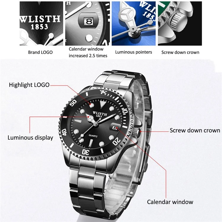 WLISTH 6057 Luminous Watch Daily Life Waterproof Bracelet Wrist Watch Band with Calendar Display Function - Black / Silver