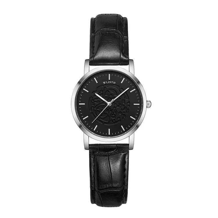 WLISTH S534 Fashion Couple Analog Quarz Armbanduhr Leder Armband Leuchtende Armbanduhr - Silber Gehäuse / Schwarzes Zifferblatt / Schwarzes Armband / Damen