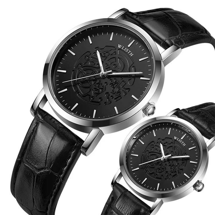 WLISTH S534 Fashion Couple Analog Quartz Watch Leather Strap Luminous Wrist Watch - Silver Case / Black Dial / Black Strap / Women