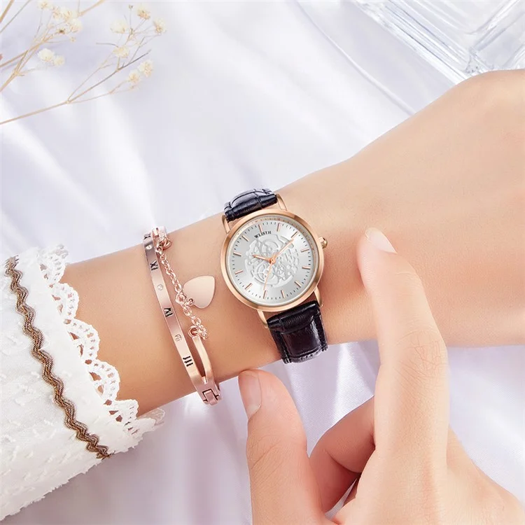 WLISTH S534 Fashion Couple Analog Quartz Watch Leather Strap Luminous Wrist Watch - Silver Case / Black Dial / Black Strap / Women