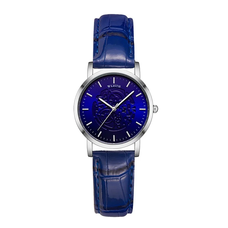 WLISTH S534 Fashion Couple Analog Quartz Watch Leather Strap Luminous Wrist Watch - Silver Case / Blue Dial / Blue Strap / Women