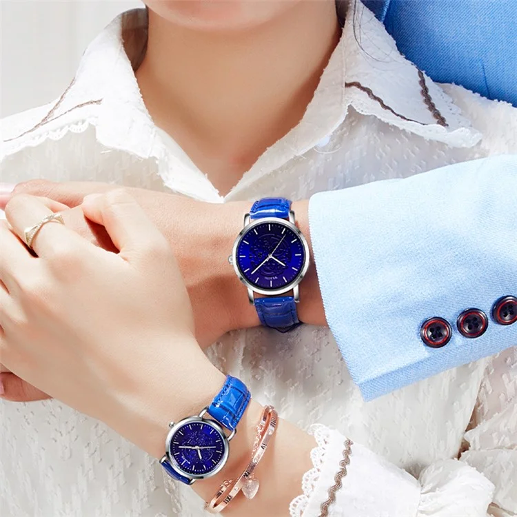 WLISTH S534 Fashion Couple Analog Quartz Watch Leather Strap Luminous Wrist Watch - Silver Case / Blue Dial / Blue Strap / Women