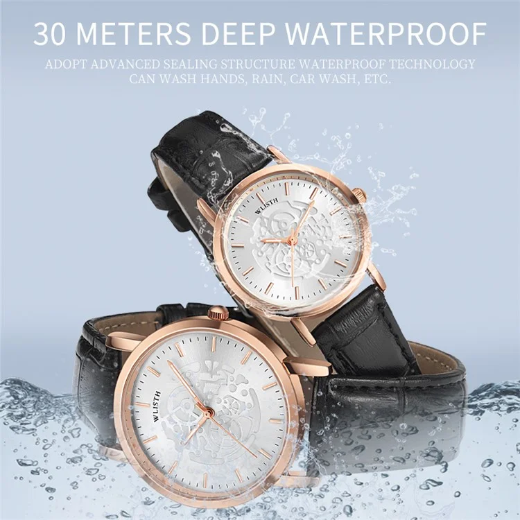 WLISTH S534 Fashion Couple Analog Quartz Watch Leather Strap Luminous Wrist Watch - Silver Case / Blue Dial / Blue Strap / Women