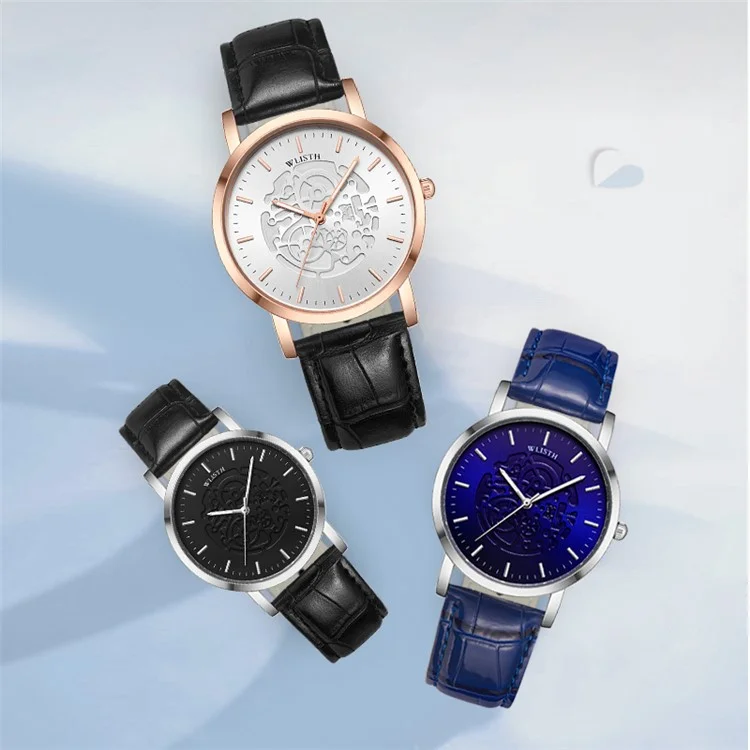 WLISTH S534 Fashion Couple Analog Quartz Watch Leather Strap Luminous Wrist Watch - Silver Case / Blue Dial / Blue Strap / Women