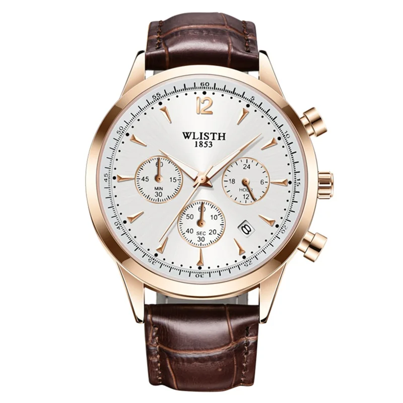 WLISTH S953 Multi-function Business Style Quartz Watch with Calendar Luminous Pointer Quartz Watch - Rose Gold / White / Brown Leather Strap