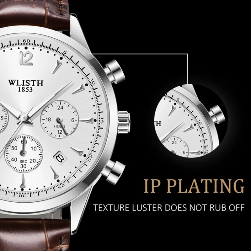 WLISTH S953 Multi-function Business Style Quartz Watch with Calendar Luminous Pointer Quartz Watch - Rose Gold / White / Brown Leather Strap