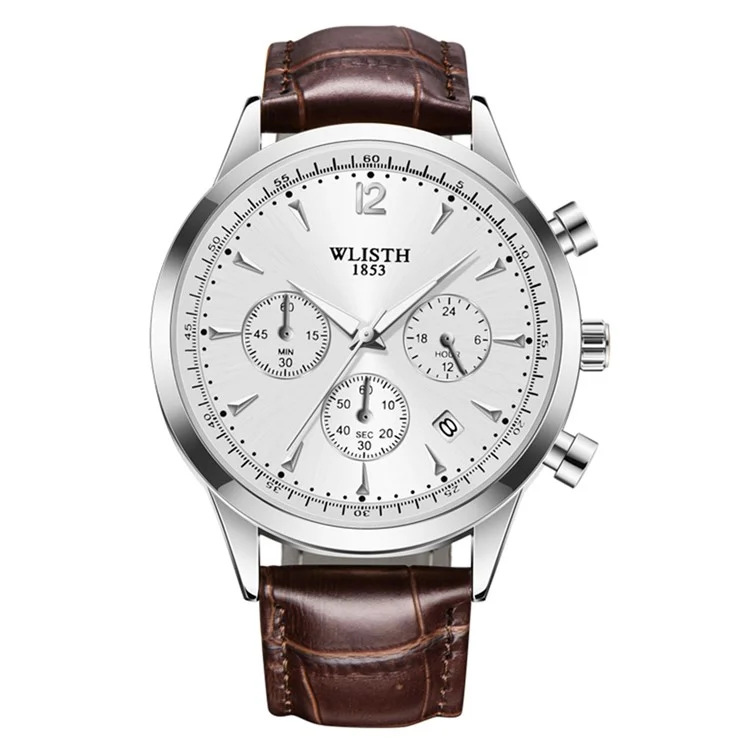 Montre quartz multifonction de style d'affaires WLISTH S953 avec calendrier, aiguille lumineuse - Argent / Blanc / Bracelet en cuir marron