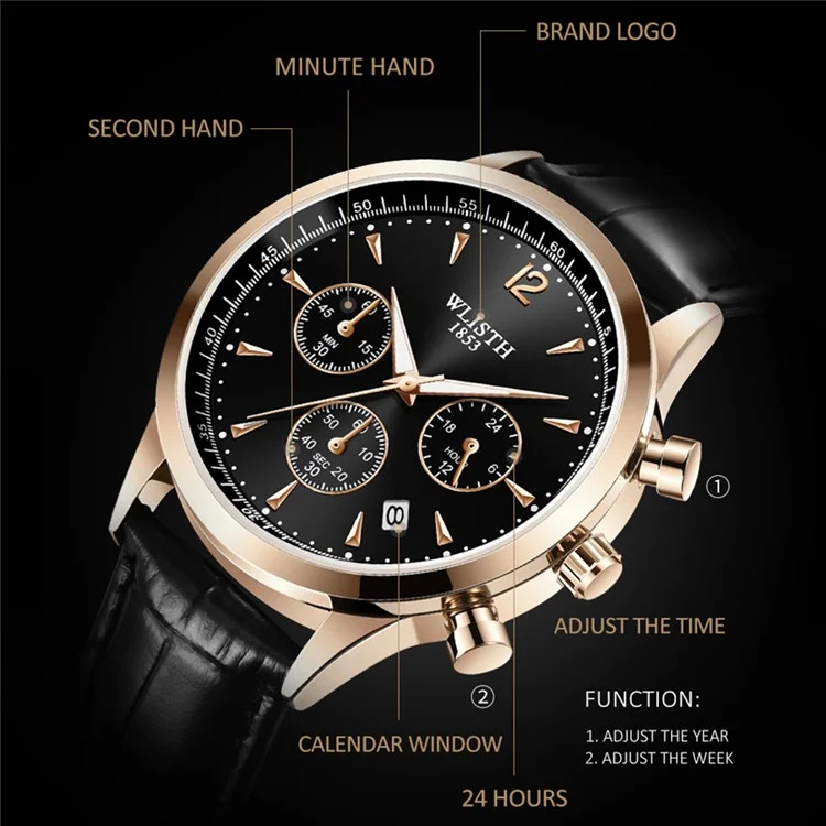 Montre quartz multifonction de style d'affaires WLISTH S953 avec calendrier, aiguille lumineuse - Argent / Blanc / Bracelet en cuir marron