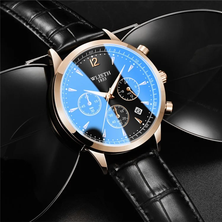 Montre quartz multifonction de style d'affaires WLISTH S953 avec calendrier, aiguille lumineuse - Argent / Blanc / Bracelet en cuir marron