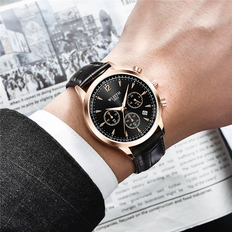 Montre quartz multifonction de style d'affaires WLISTH S953 avec calendrier, aiguille lumineuse - Argent / Blanc / Bracelet en cuir marron