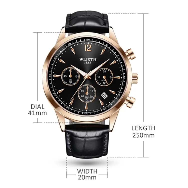 Montre quartz multifonction de style d'affaires WLISTH S953 avec calendrier, aiguille lumineuse - Argent / Blanc / Bracelet en cuir marron